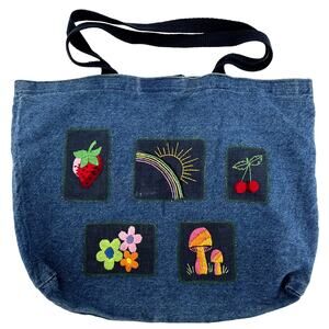 Vintage Innovo Tote 90s Shoulder Bag Embroidered Patchwork Double Strap Denim